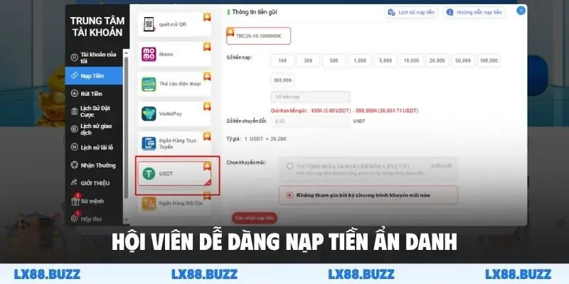 Hội viên dễ dàng nạp tiền ẩn danh
