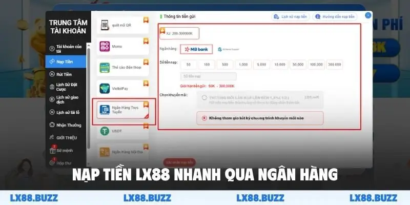Nạp tiền LX88 nhanh qua ngân hàng